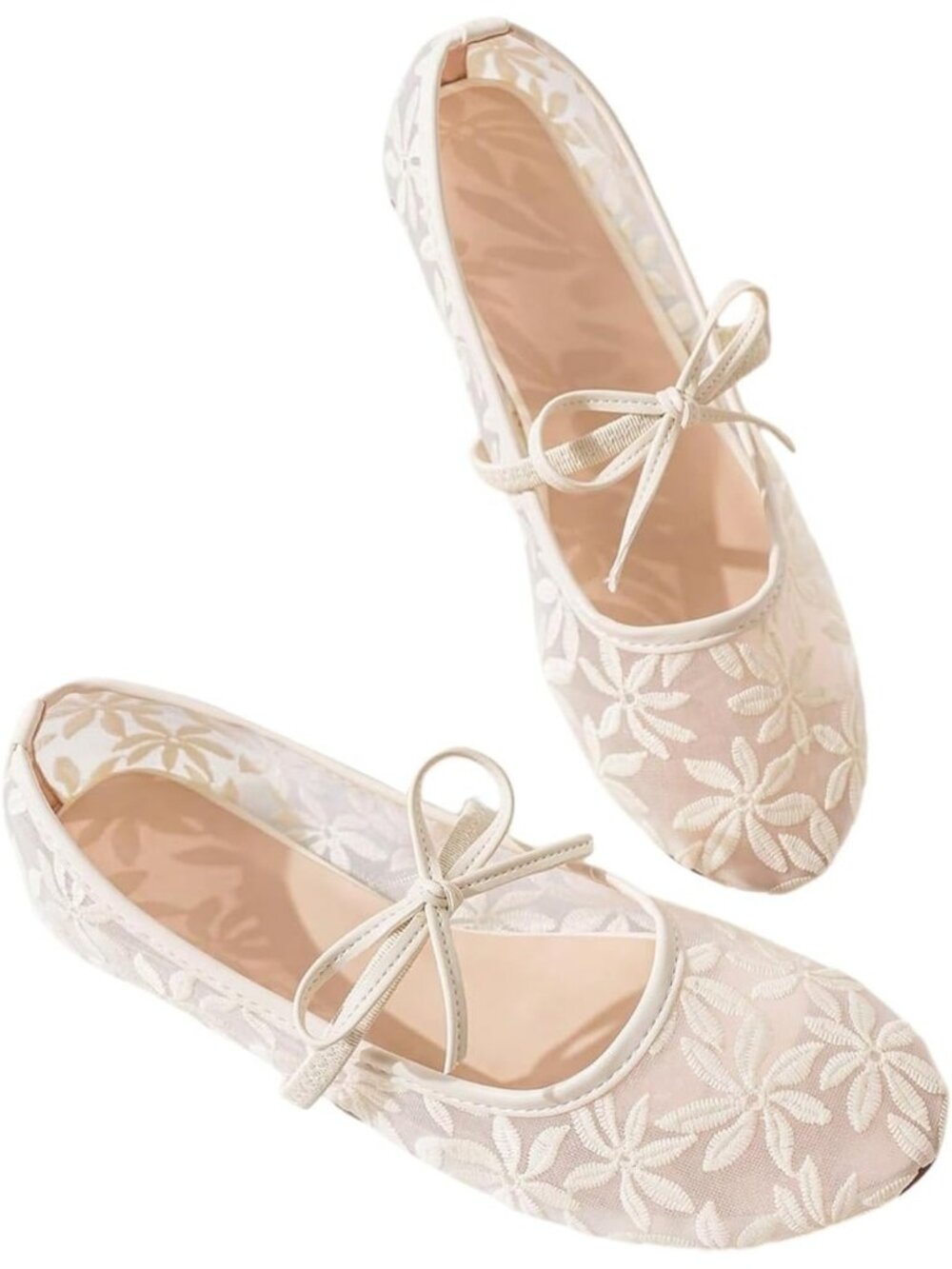 Women's Beige Floral Polka Dots Mesh Ballet Flats Cute Lace Ballerina Shoes